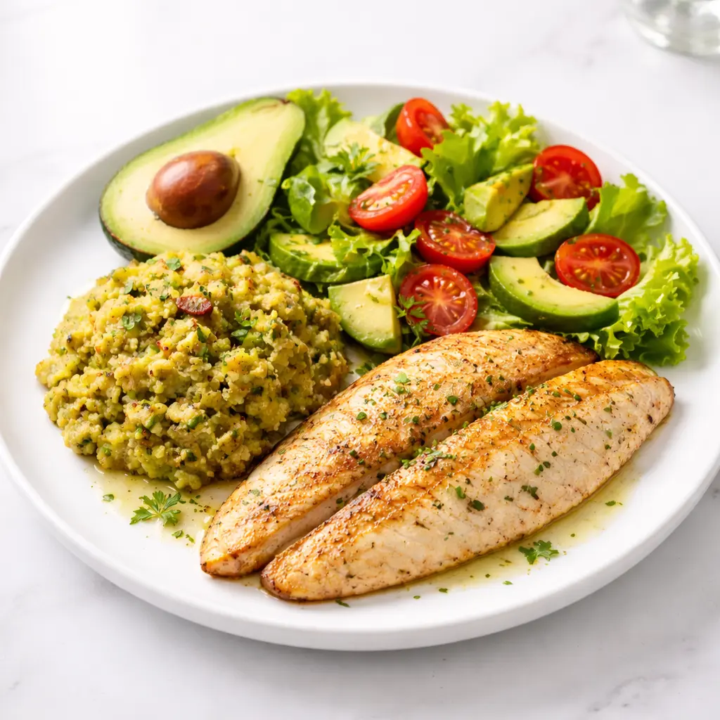 Filete de pescado a la plancha y pure de verde