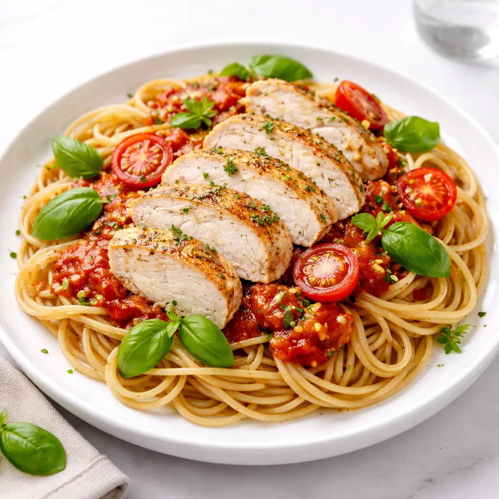 Pasta con pollo y salsa